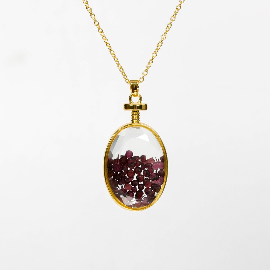 Crystal Chips In Oval Glass Pendant Necklace